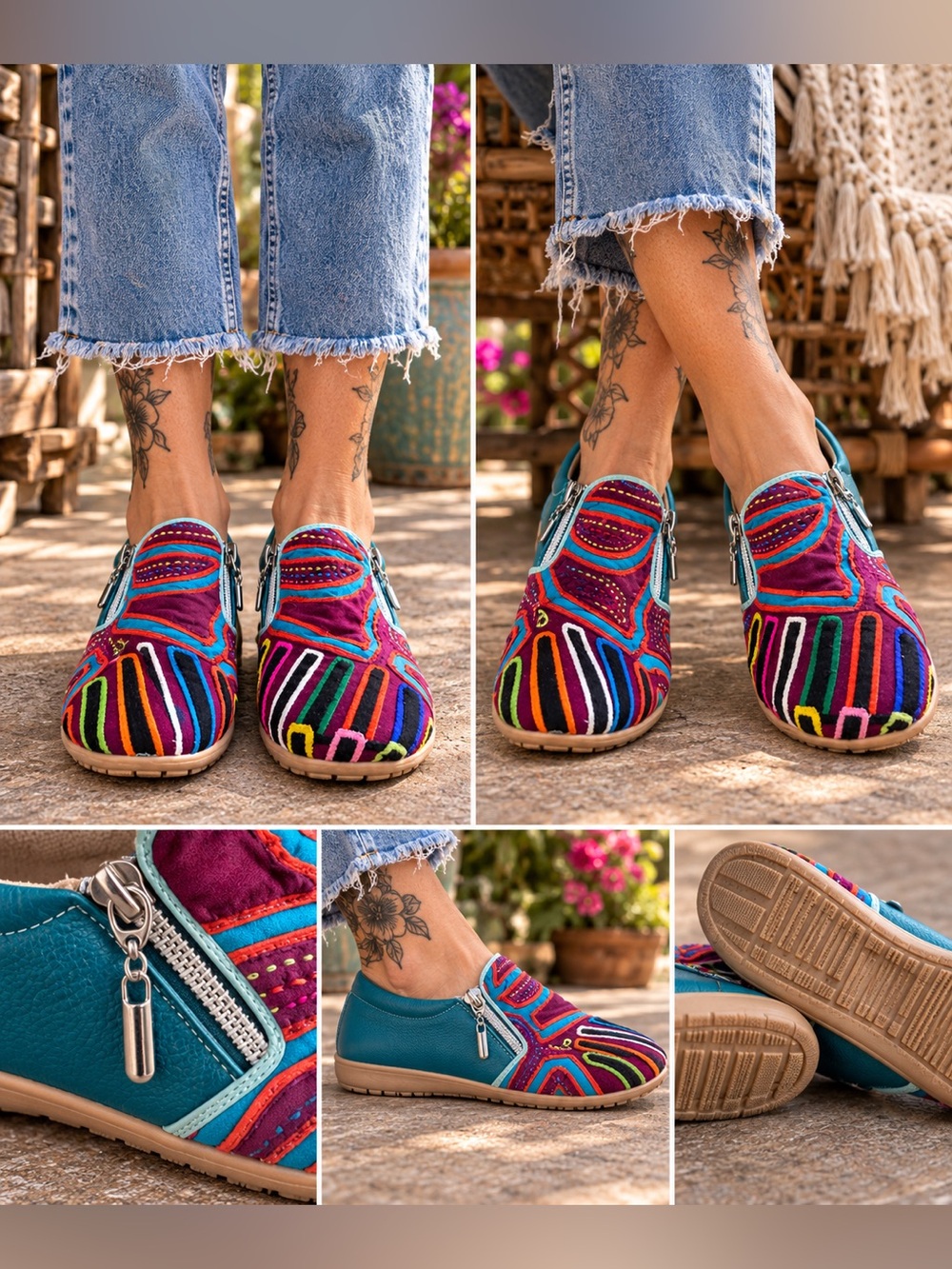 Molas4U Colorful Embroidered Double Zip Shoes Size 6 Boho Artisan